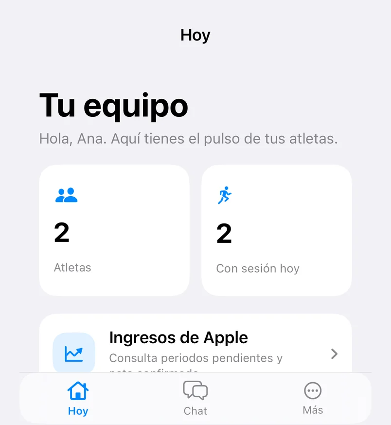 Vista de entrenador Tu equipo con atletas y sesiones de hoy