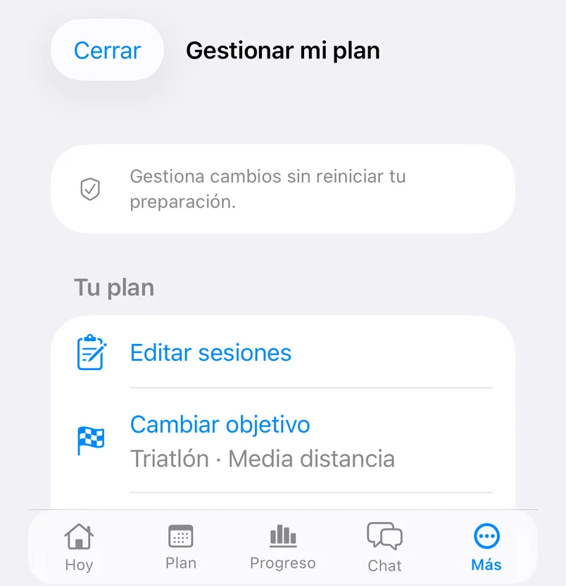 Pantalla Gestionar mi plan para editar sesiones y cambiar de objetivo