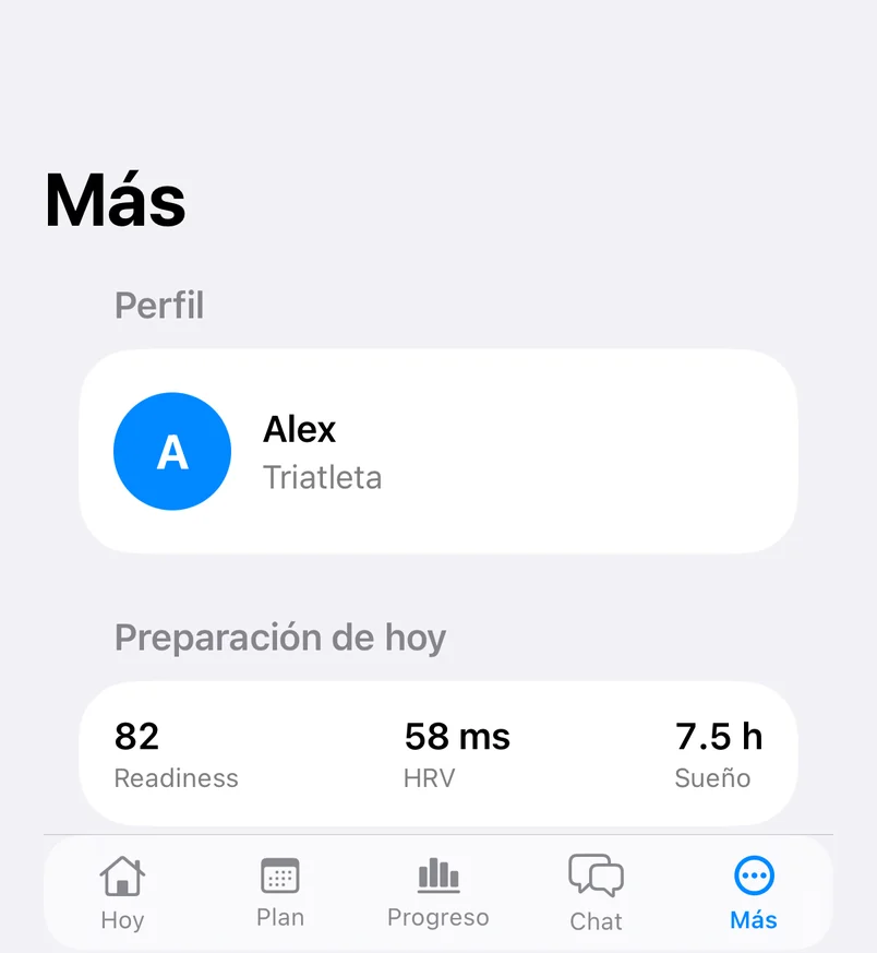 Preparación de hoy: readiness 82, HRV 58 ms y 7,5 horas de sueño