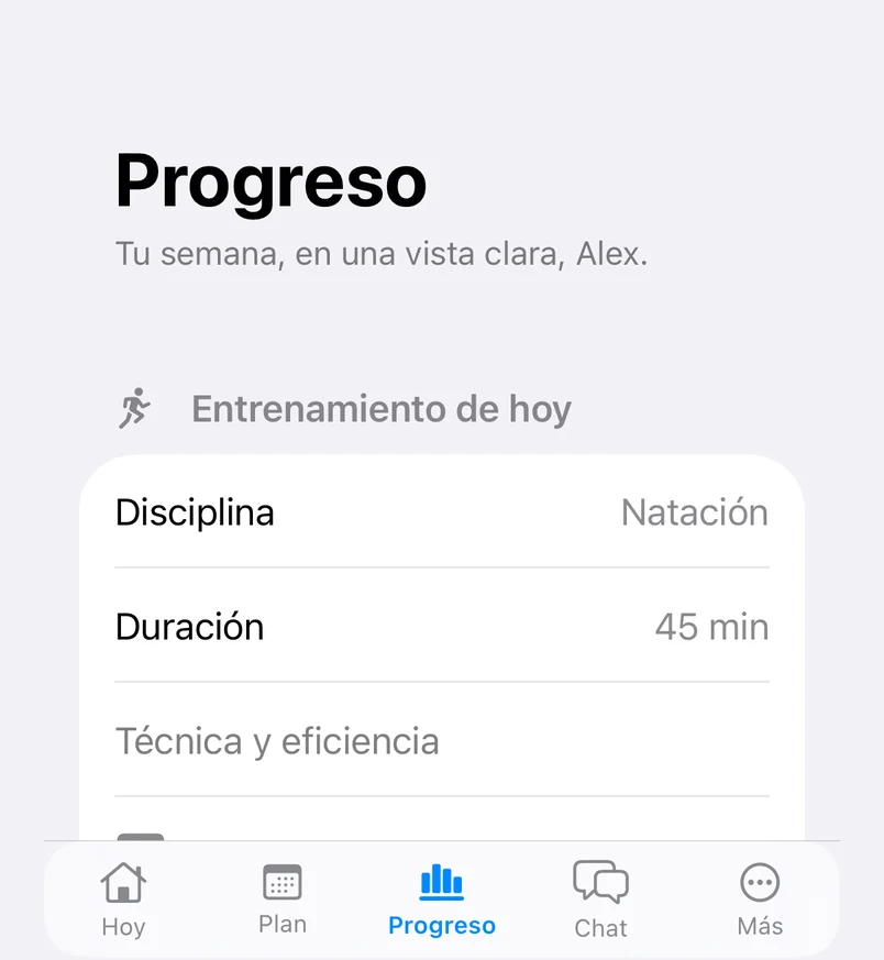 Pantalla Progreso con el resumen de la semana y el entrenamiento de hoy